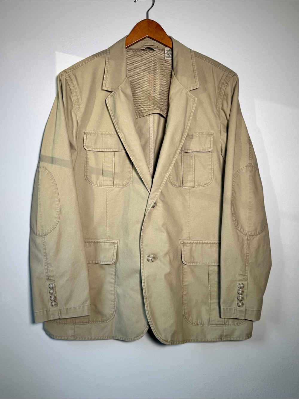 Vintage L L Bean Mens Safari Field Blazer Jacket Khaki Cotton Size 44 Short US L